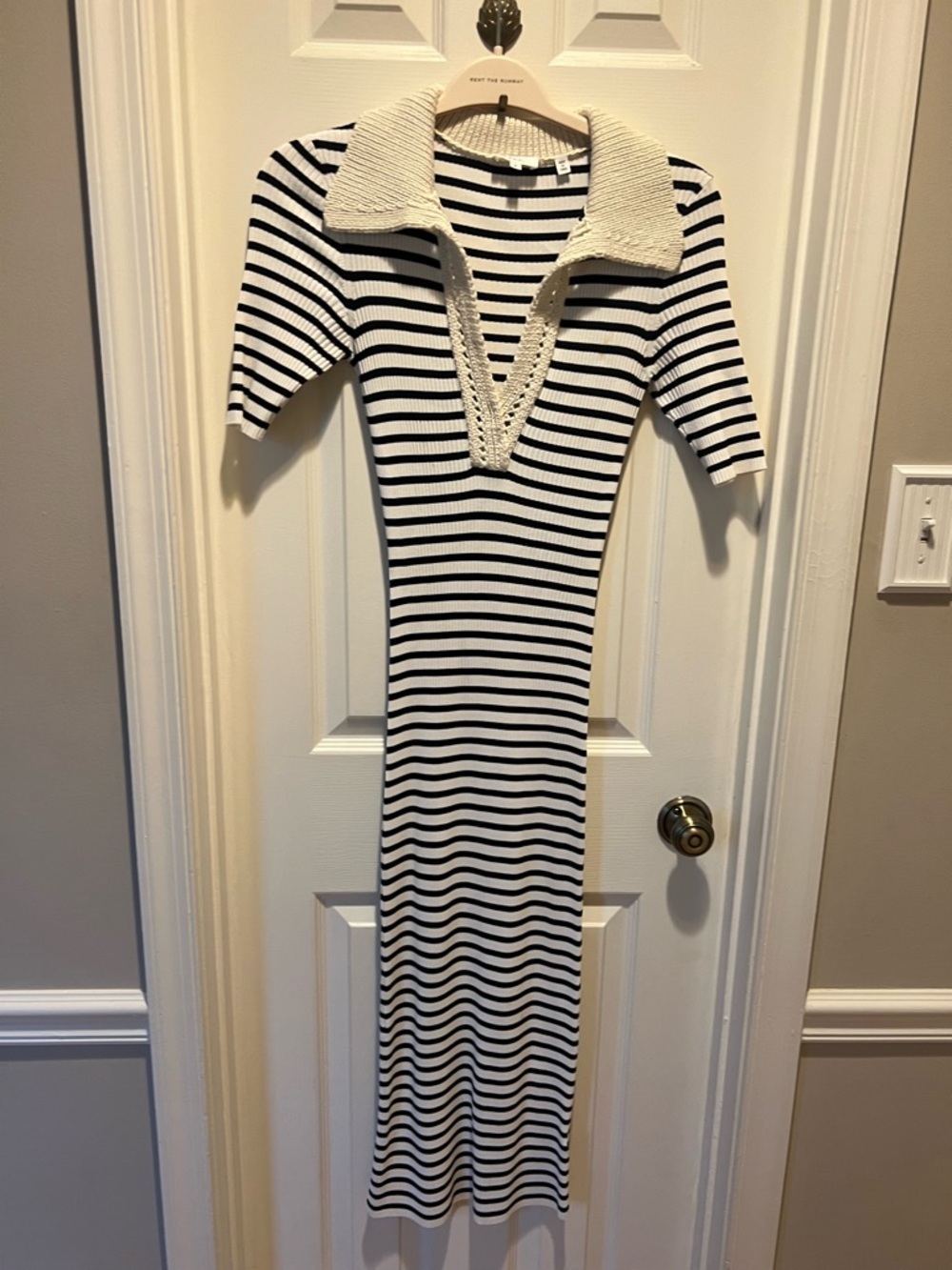 A.L.C. Black and Cream Striped Knit Polo Midi Dress
